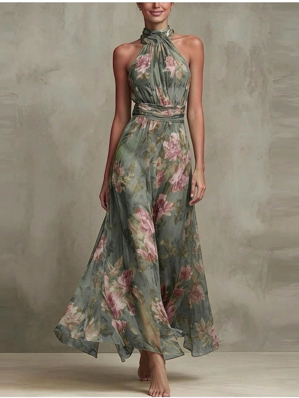 Floral Halter Maxi Dress in Sage Green